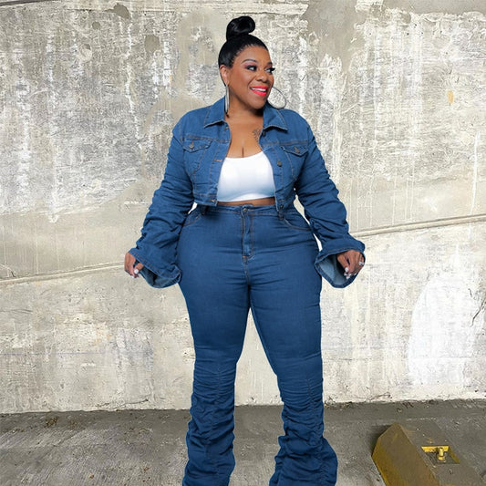 Women Plus Size Two Piece Denim Coat Jeans Stacked Pant