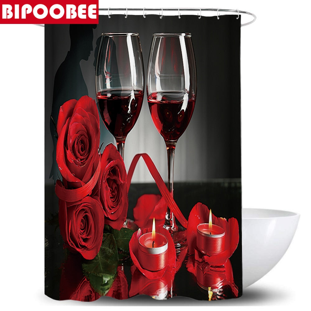 Wine Romantic Red Rose Shower Curtain Set