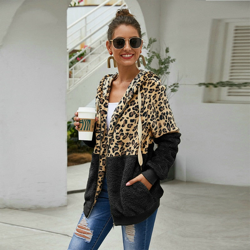 Women Winter Leopard Zipper Hoodie