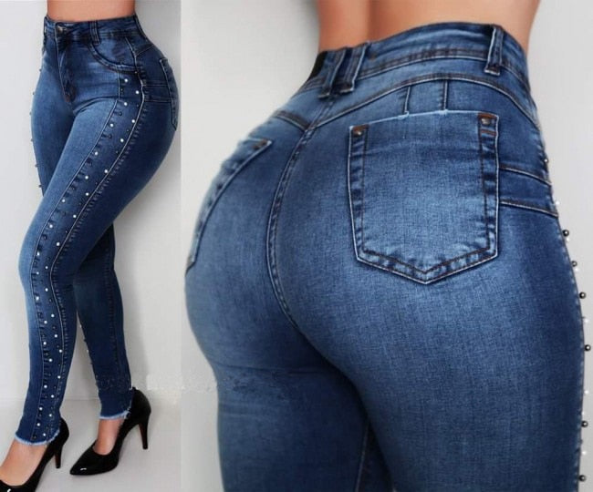 Women High Waist Side Stripe Embroidered Flares Diamond Push Up Jeans