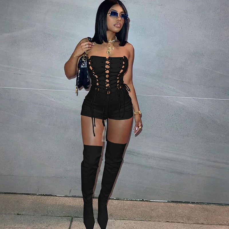 Women Lace  Up Sexy  Romper Shorts