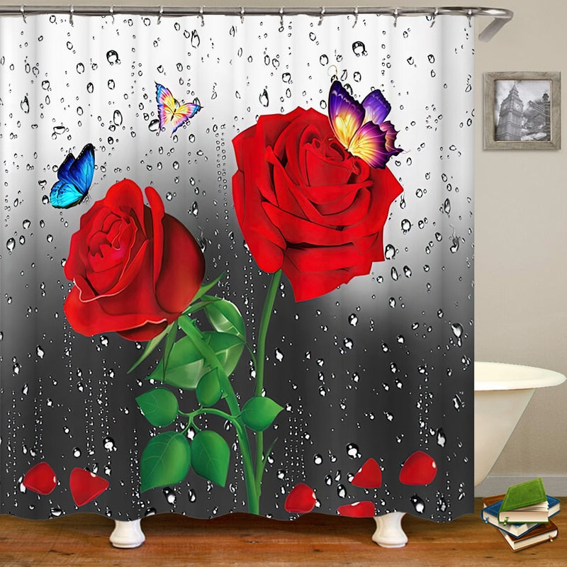 Flowers Butterfly Waterproof Shower Curtain Set
