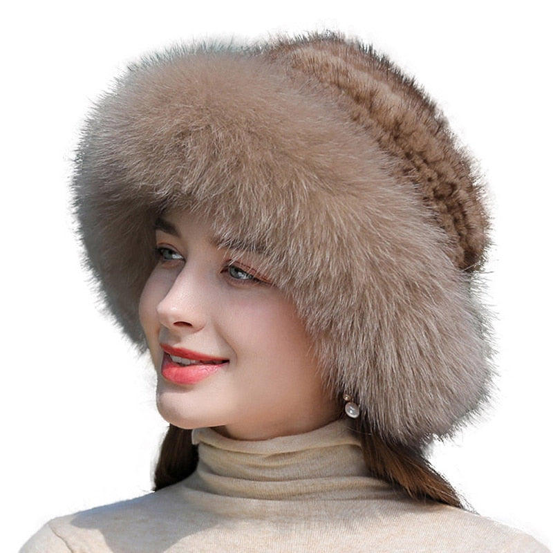 Women Knitted Mink Fur Bomber Hat