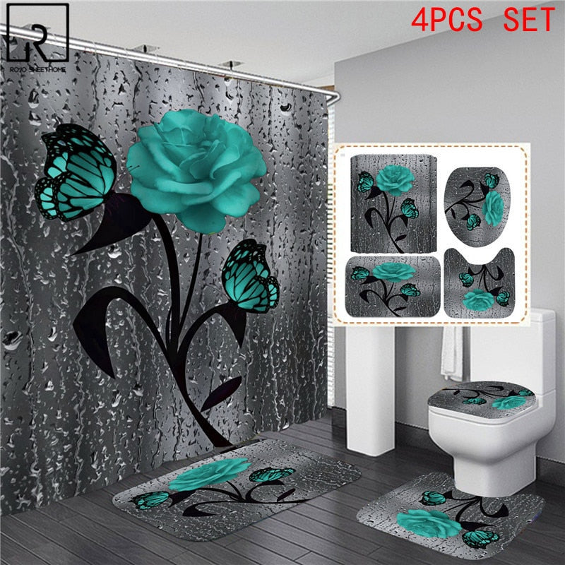 5 Colors Rose Print 3D Shower Curtain Bathroom Curtain Set