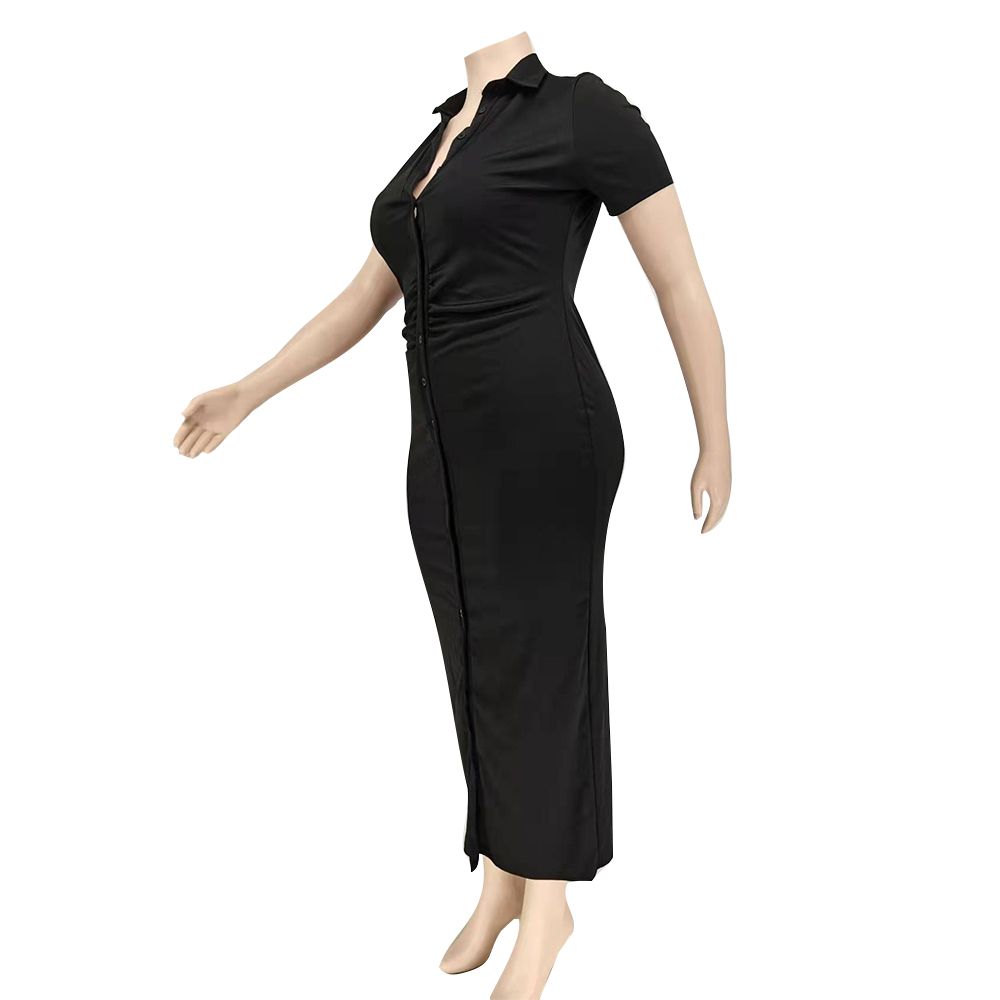 Women Plus Size Perl Turn Down Collar Single Breasted Maxi Dress