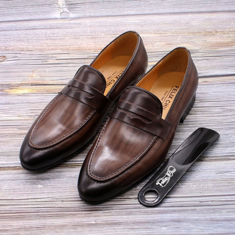 FELIX CHU Mens Penny Loafers Leather Shoes