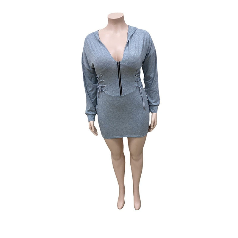 Women Plus Size Perl V-neck Grey Mini Dress