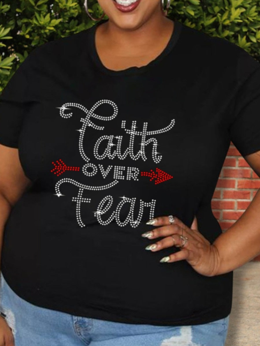 Women Plus Size Rhinestone Faith Letter T-shirt