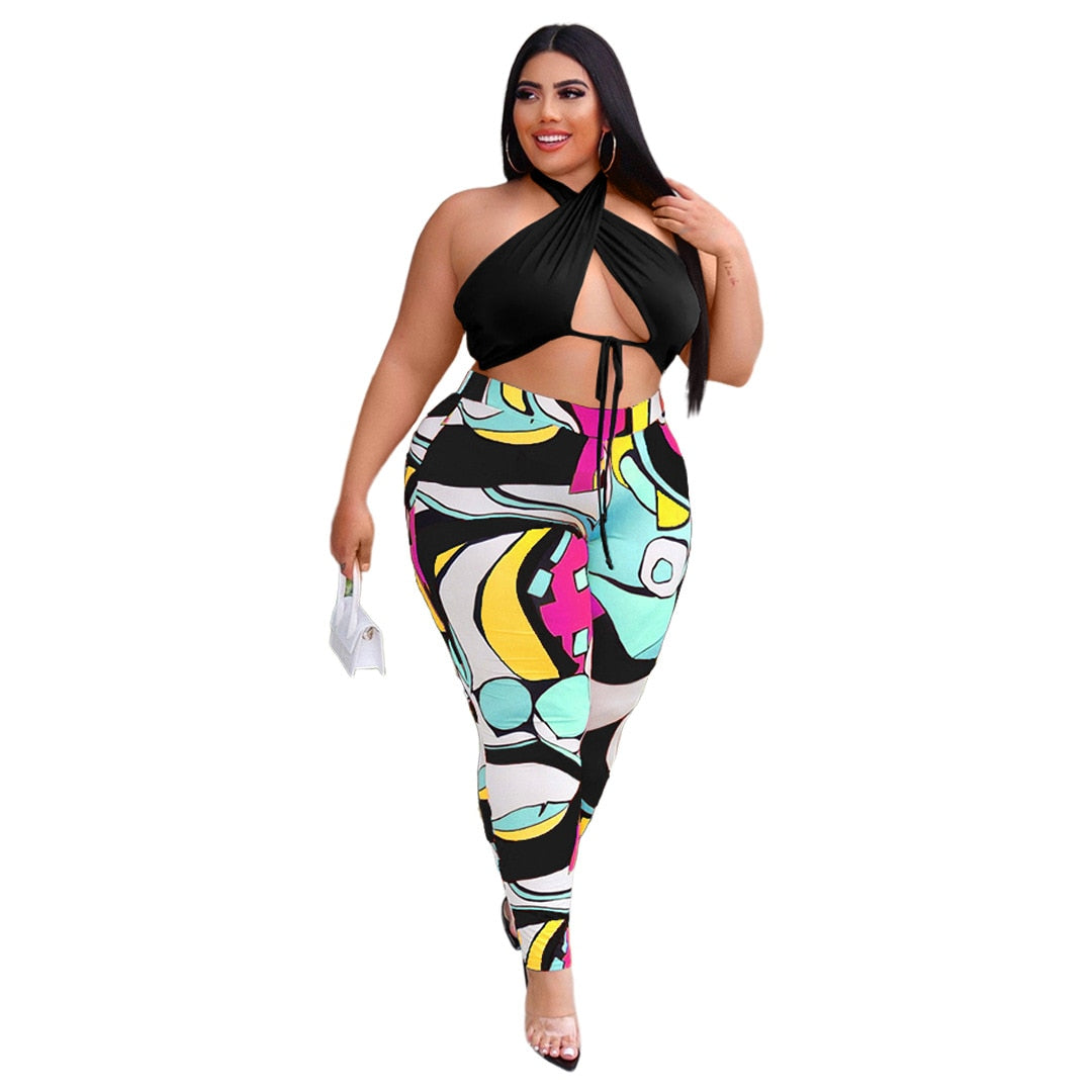 Sexy Lace Up Top Print Sweatpants Hollow Out Plus Size Two Piece Sets