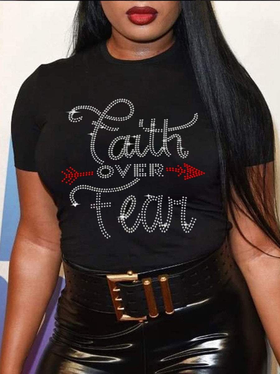 Women Plus Size Rhinestone Faith Letter T-shirt