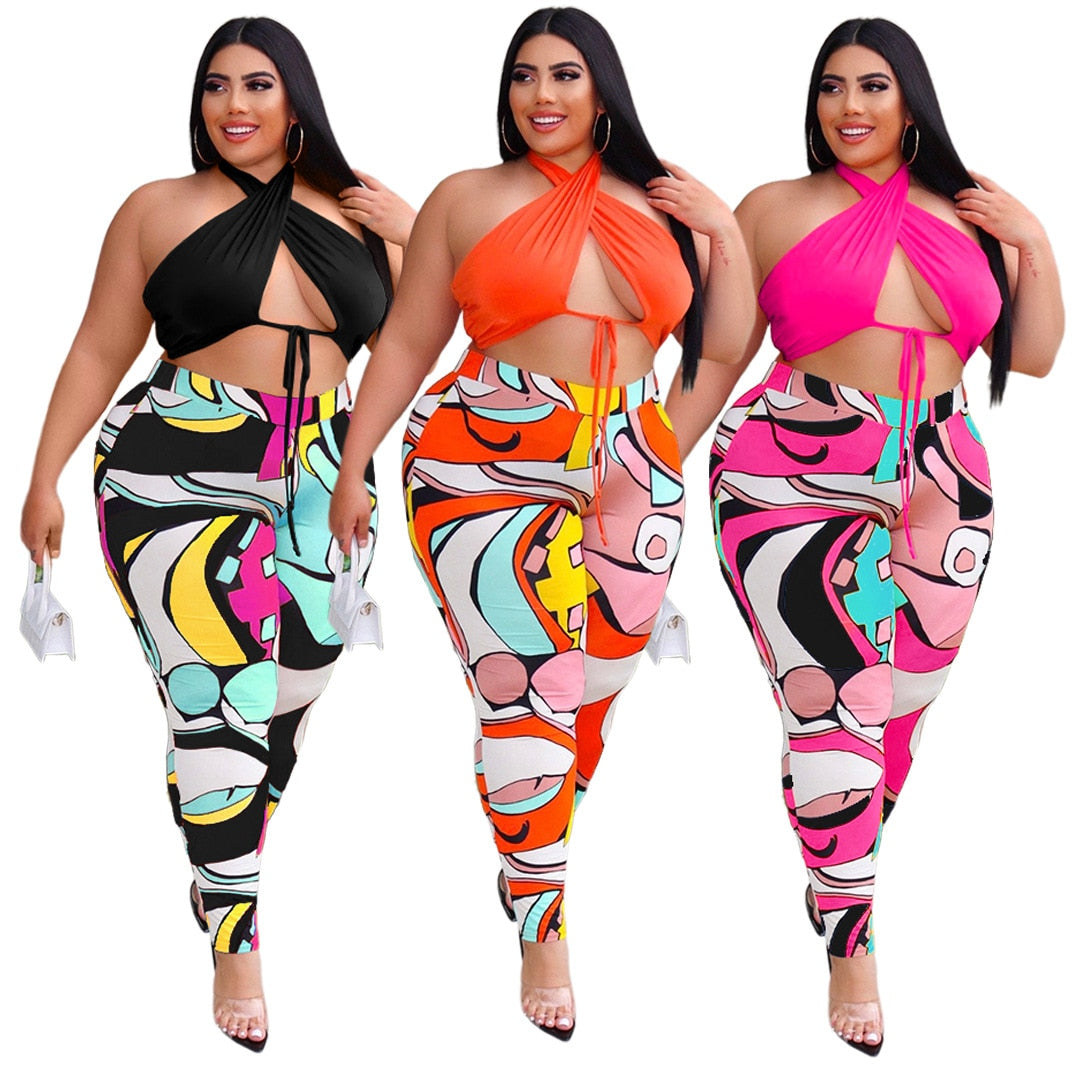 Sexy Lace Up Top Print Sweatpants Hollow Out Plus Size Two Piece Sets