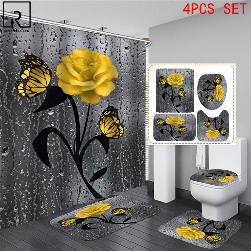 5 Colors Rose Print 3D Shower Curtain Bathroom Curtain Set