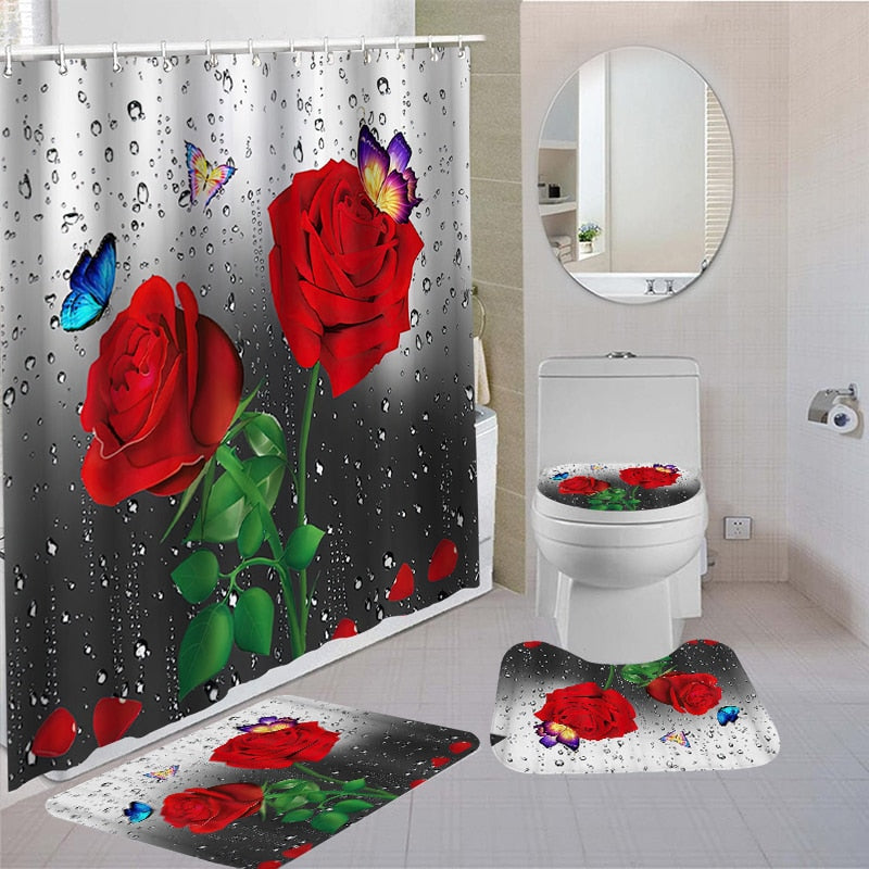 Flowers Butterfly Waterproof Shower Curtain Set