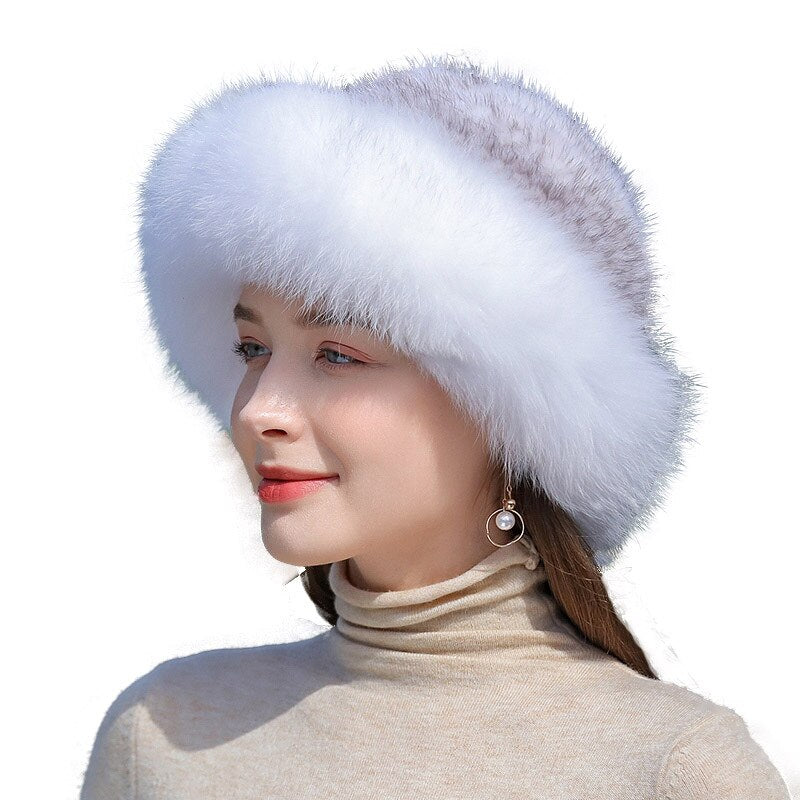 Women Knitted Mink Fur Bomber Hat