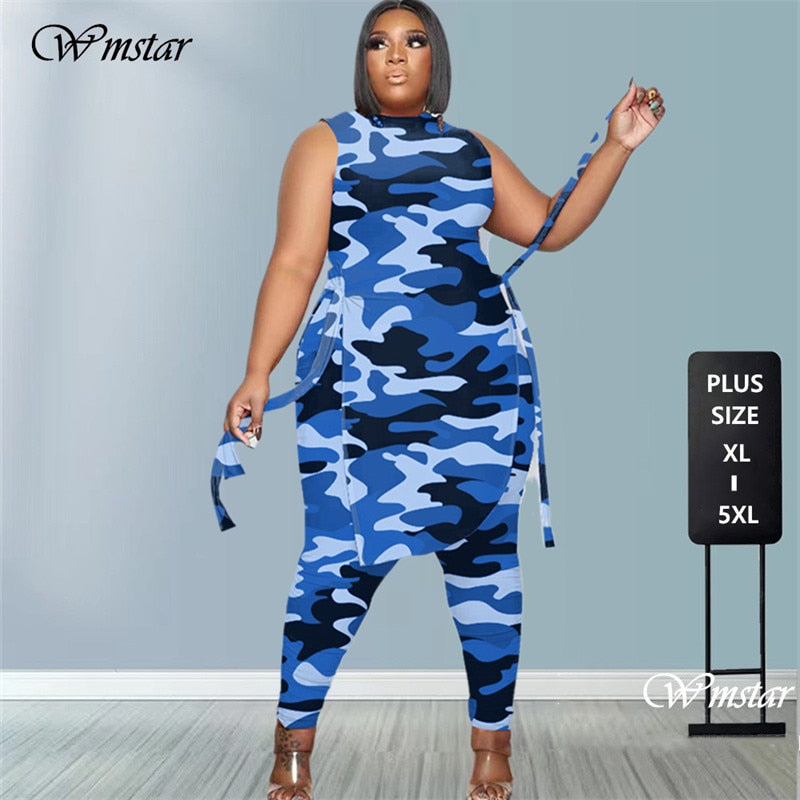 Camouflage Plus Size Two Piece  Bandage Crop Top