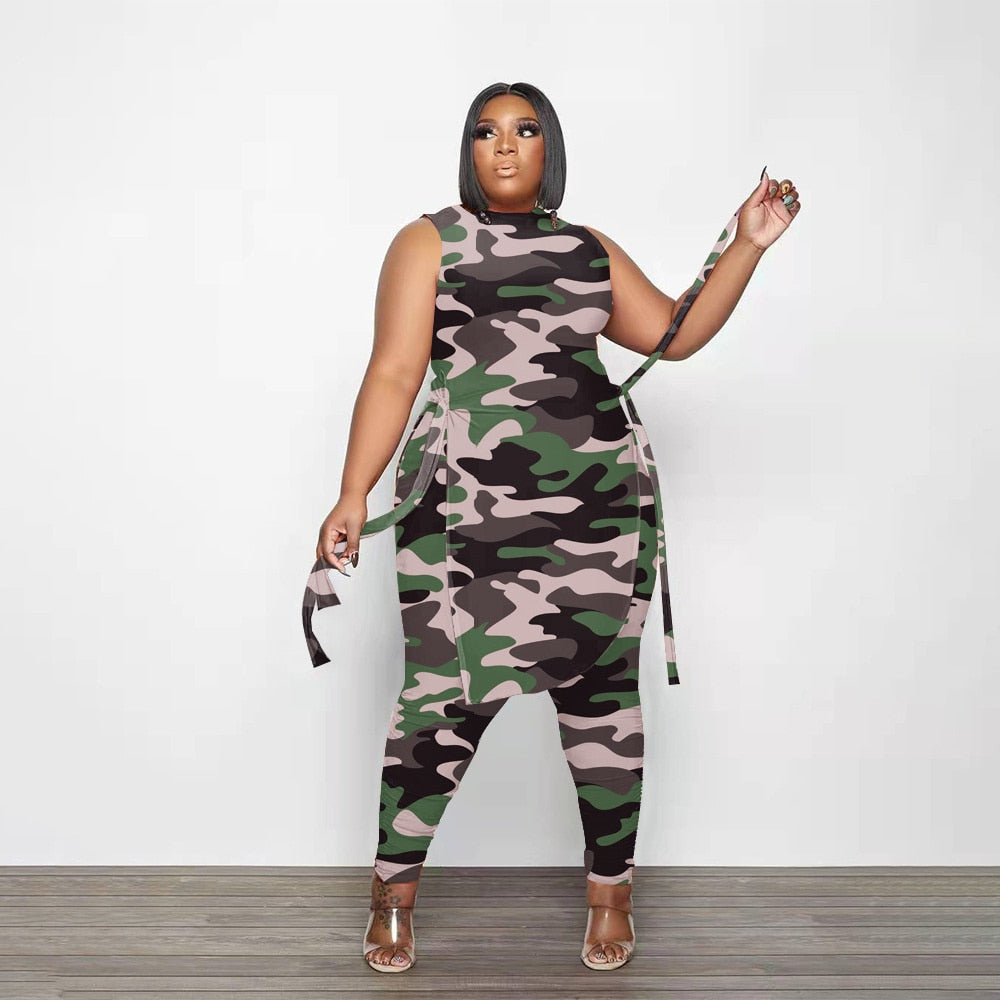 Camouflage Plus Size Two Piece  Bandage Crop Top