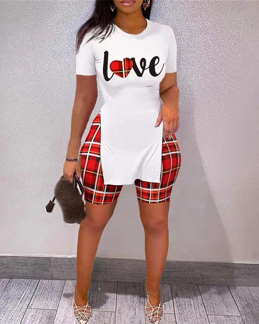 Women Short Sleeve Round Neck Plaid Letter Print Split Hem Top  Shorts Set