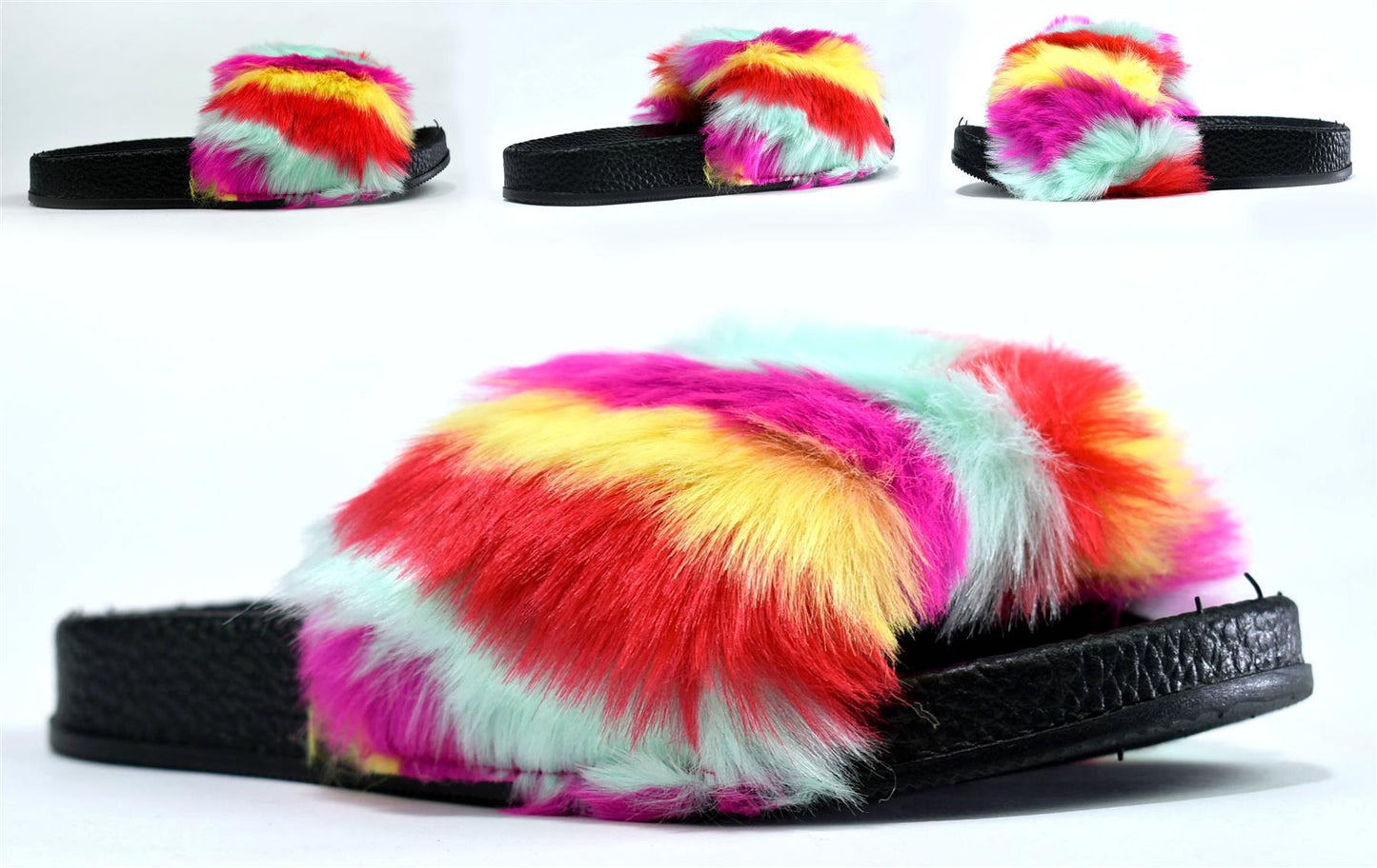 Kids  Faux Fur Slider Rainbow Shoes