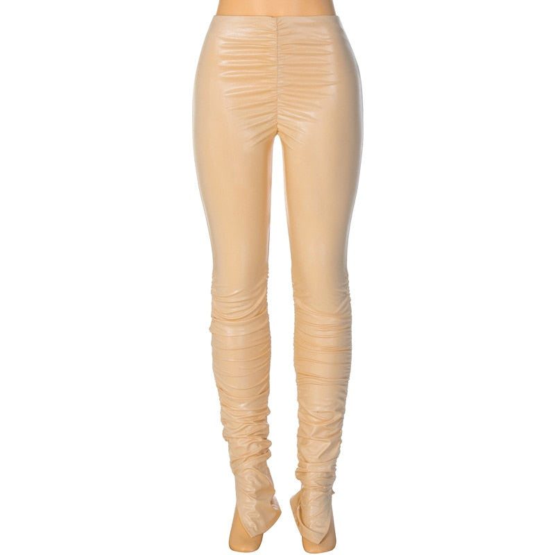 Women Leather High Waist Stacked Pants