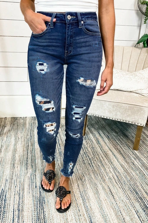 Women Dark Blue Leopard Patch Skinny Jeans