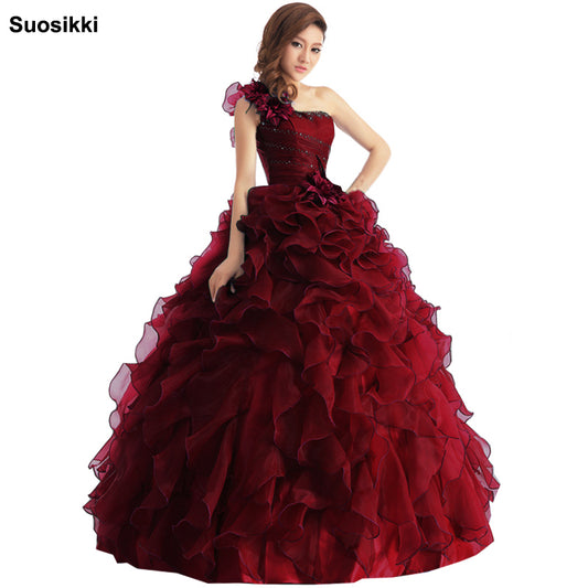 Women One Shoulder Ruffle Rhinestone Prom Dress