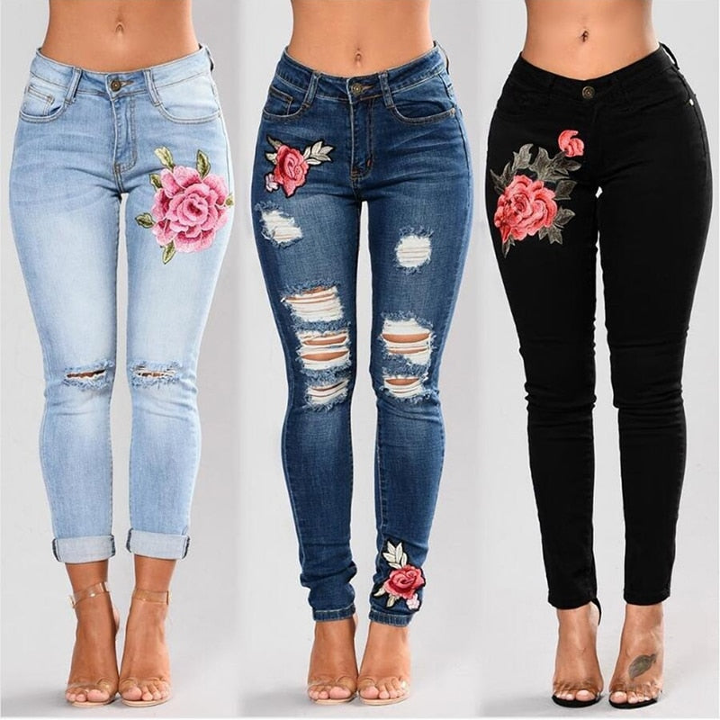 Stretch Embroidered Jeans For Women.