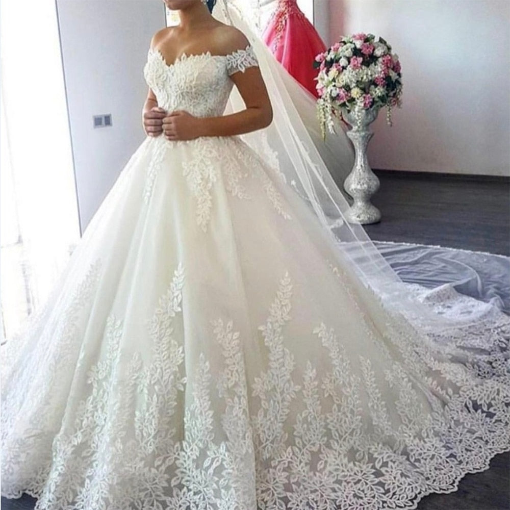 White Off the Shoulder Wedding Dress Train Custom-made