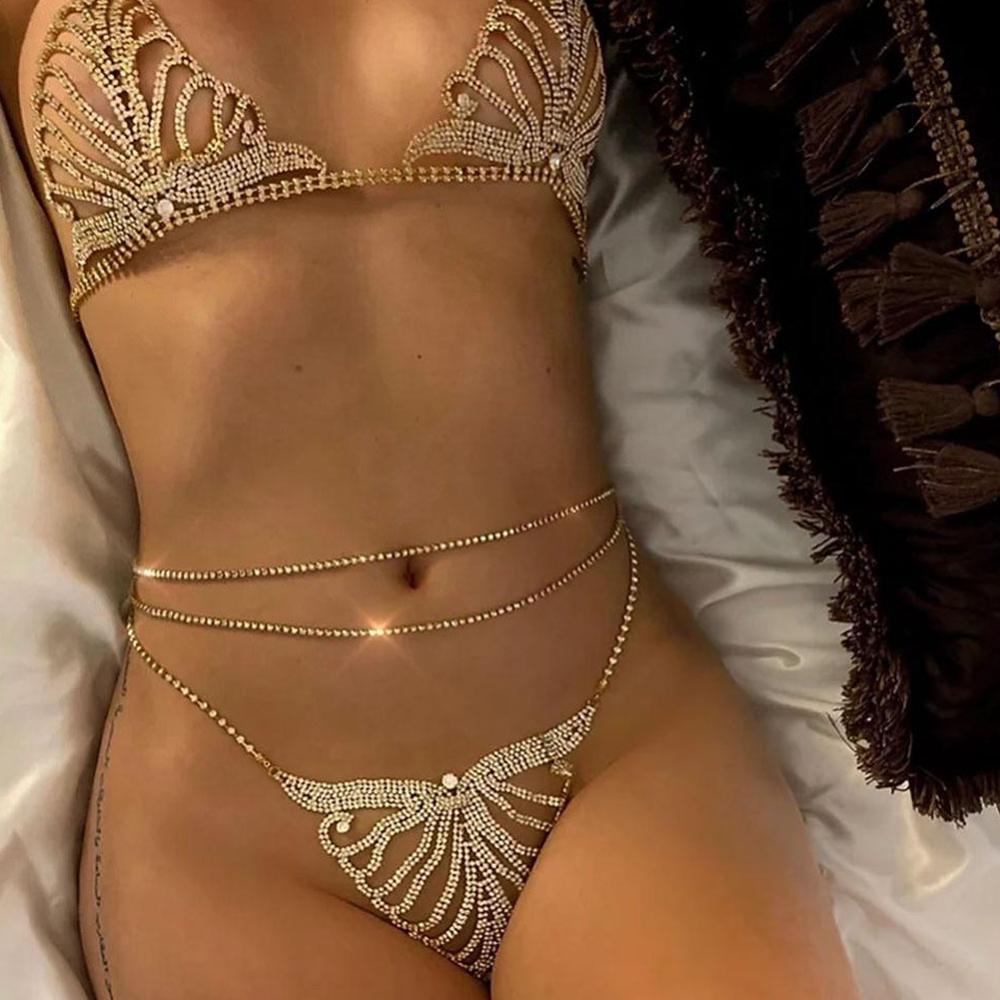 Sexy Crystal Body Harness Chain Bra and Thong Jewelry