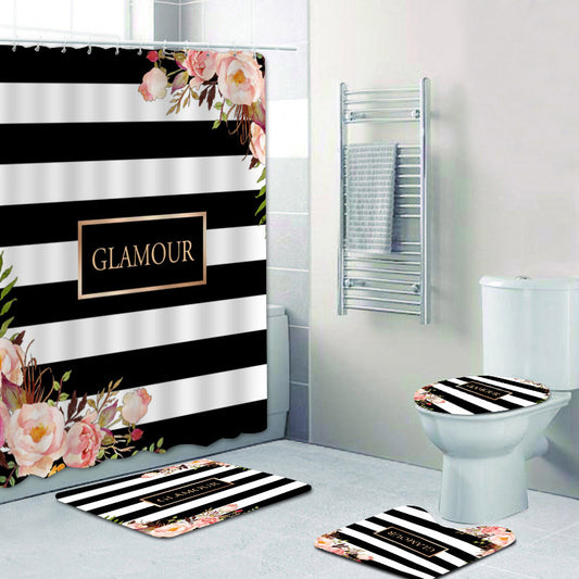 Classy Black White Stripes Floral Shower Curtain Set