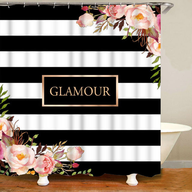 Classy Black White Stripes Floral Shower Curtain Set