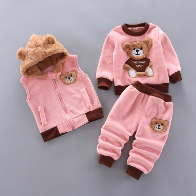 Fleece Children Hooded Outerwear Tops Pants 3PCS Outfits