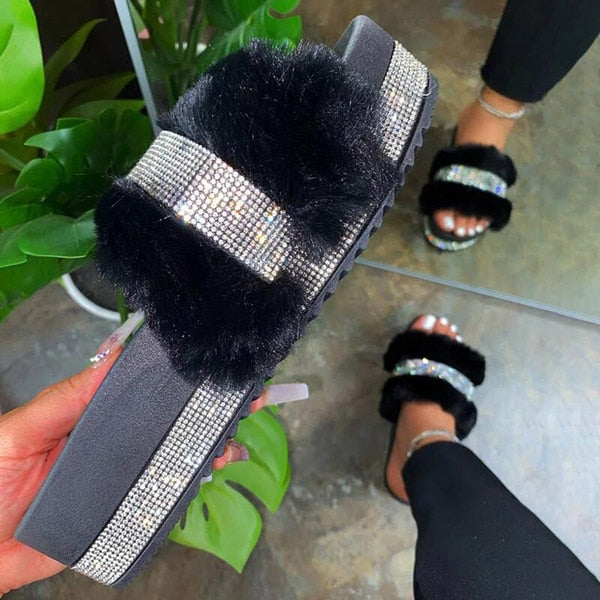 Women Luxury Fur Rhinestone Slippers