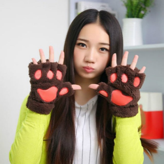 Women Bear Plush Cat Paw Claw Gloves.