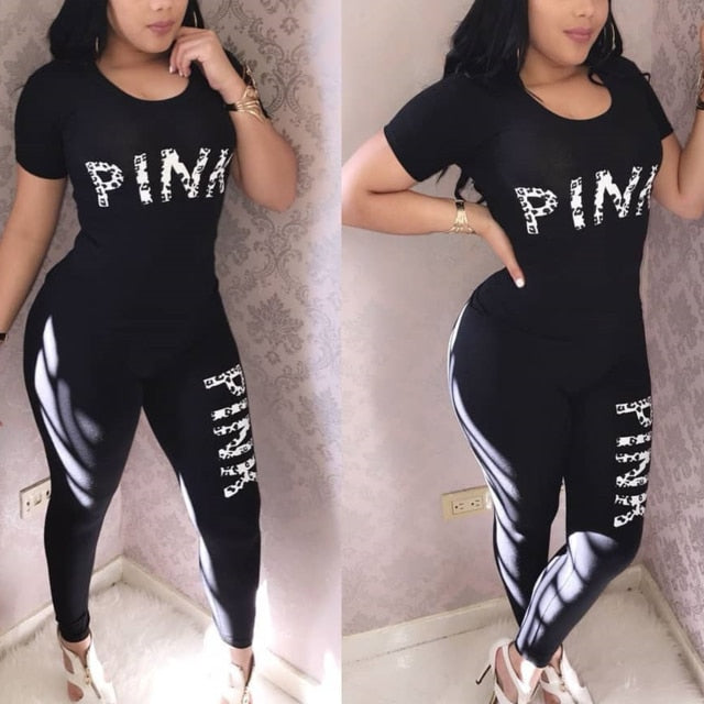 Women Ripped Pink Letter Print Two Piece Set