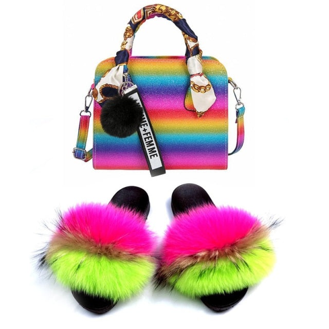 Fur Slides and Purse Set Rainbow Sandals Shoes.