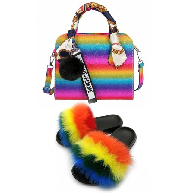 Fur Slides and Purse Set Rainbow Sandals Shoes.
