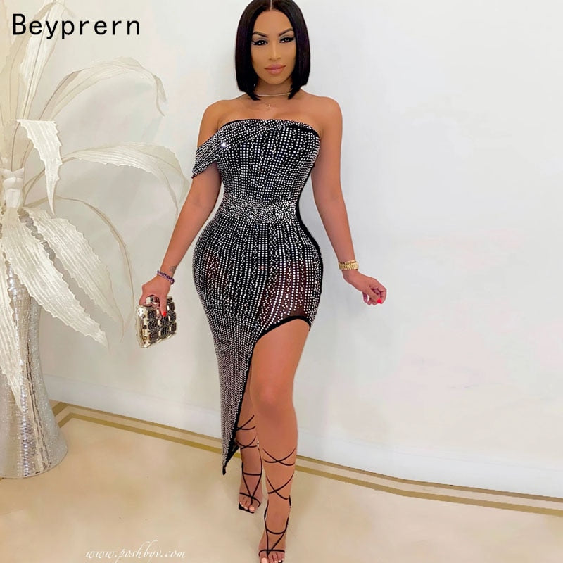Women Beyprern Sparkle Off Shoulder Black Crystal Midi Dress