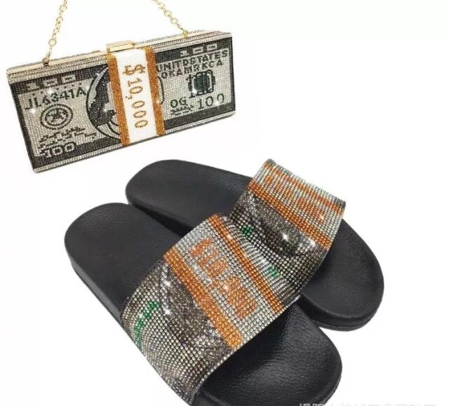 Women Dollar Rhinestone Slippers and Bag.