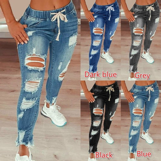 Ripped Drawstring Denim Jeans For Women.