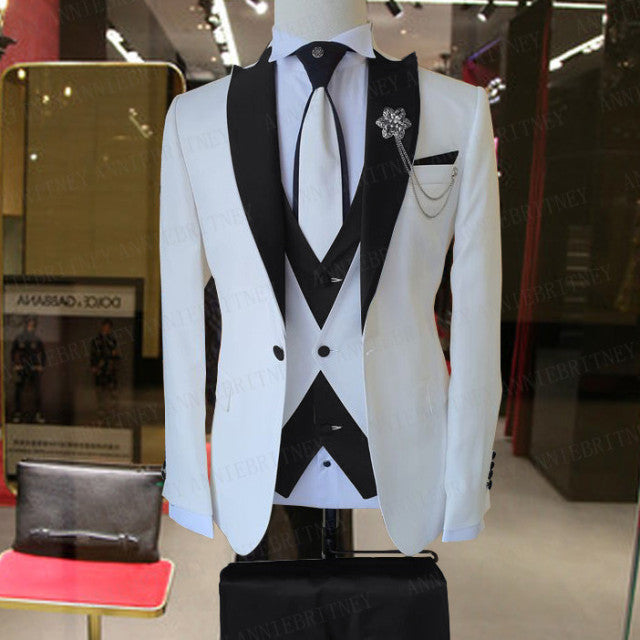 Men 3 Pieces  White Business Jacket Suit