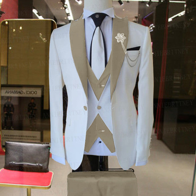 Men 3 Pieces  White Business Jacket Suit