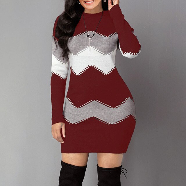 Women Wave Striped Bodycon Knitted Dress.