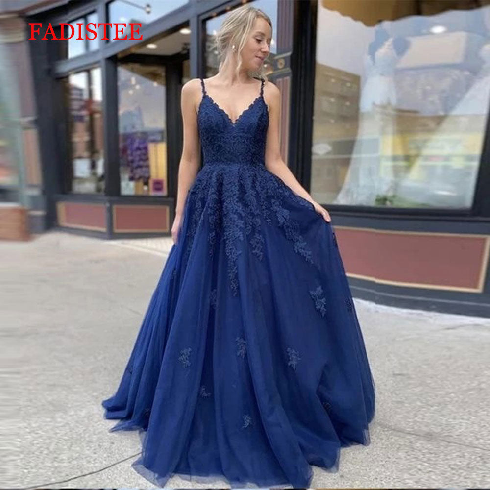 Women Lace Navy Blue V-neck Prom Evening Dresses