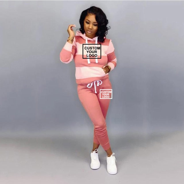 Custom Your Logo Tracksuit Women Two Piece Set Pullover Hoodies+Pants.