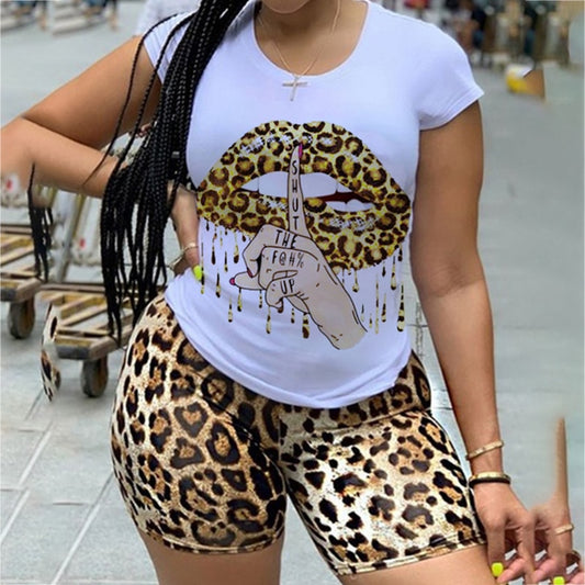 Women Lips Short Sleeve Top Leopard Shorts Sweat Suit 2 Pcs.