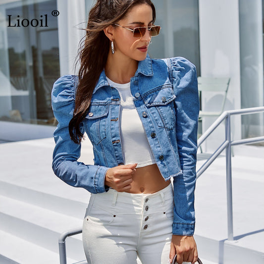 Women Blue Cropped Denim Jackets.