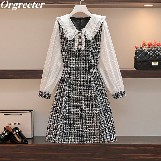 Women Retro Dot Chiffon Sleeve Patchwork Tweed Dress