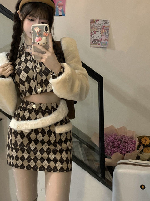 Women  Retro Plaid Jacket Fuax Fur 2 Piece Set