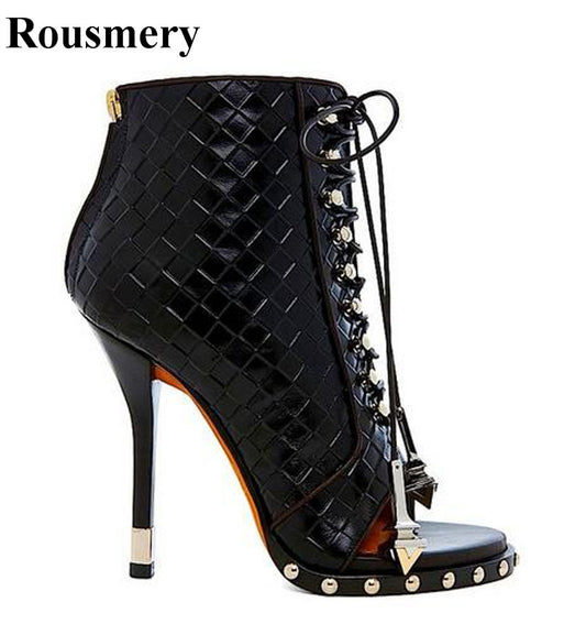 Women Open Toe Pattern Leather Lace-up Ankle High Heels Shoes